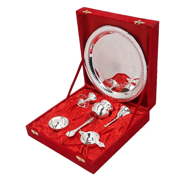 DSH Pooja Thali Plate Set Silver plated Of 7 Pcs with Velvet Gift Box  or Poojan