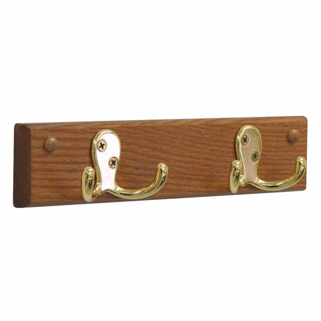 Wooden Mallet 2 Hook Wall Coat Rack Rail in Medium Oak and Brass