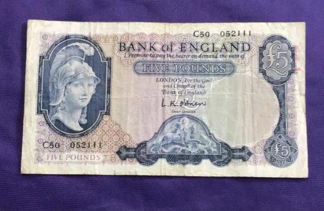 Bank Of England £5 Five Pound Note O’ Brien Lion & Key C50 052111 #5206