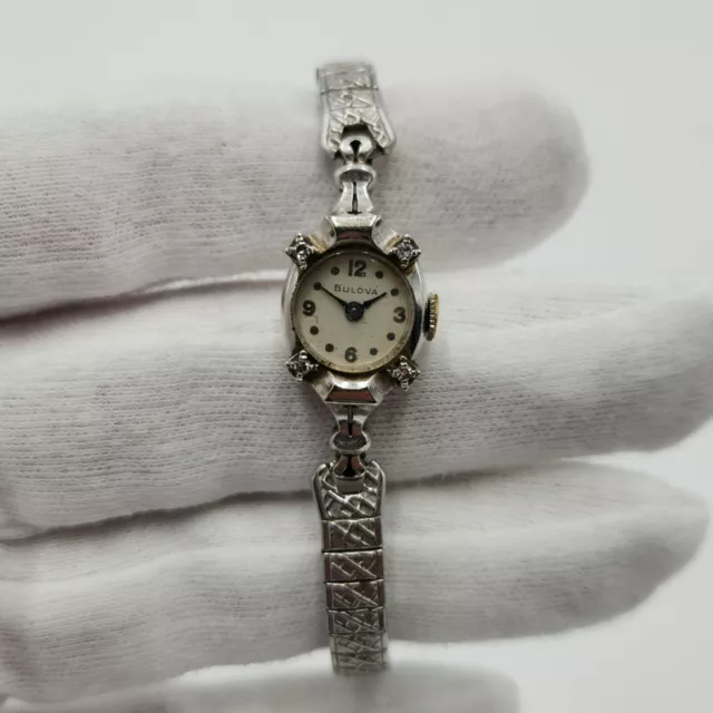 Bulova 14K White Gold Case w/ Diamond Accent Vintage Watch - FOR PARTS / REPAIR