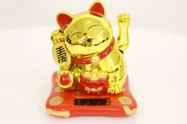 4" Solar Powered Lucky Cat Beckoning Fortune Happy Maneki Neko Gold Home Decor.