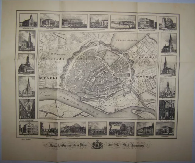 Grundriss Plan Hamburg 1846 Stadtplan Lithographie von G. F. Wurzbach Graphik RP