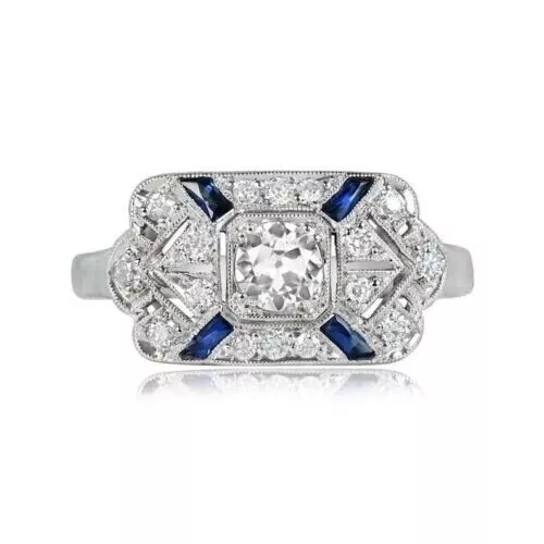 Art Deco Style 2.10Ct Lab-Created Diamond & Blue Sapphire Engagement Silver Ring 2