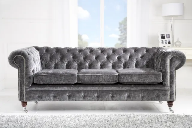 Luxurious Sofa 3-Seater Velvet Upholstered Grey Silver Modern Couch Chesterfield