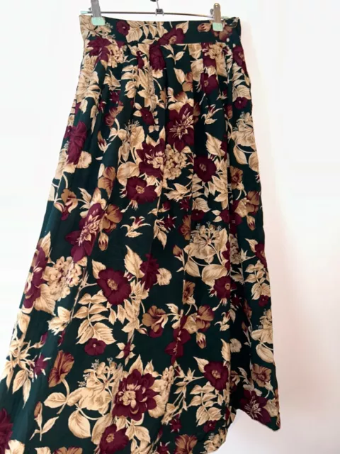 Vintage Bohemian Skirt Gypsy Retro Size 8 Long Green Floral Pockets Boho Hippy