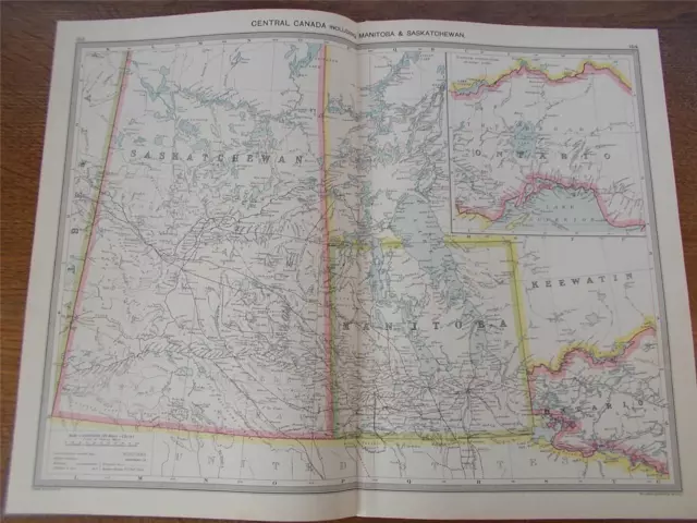 Antique c1904 Colour Map of CENTRAL CANADA MANITOBA SASKATCHEWAN HARMSWORTH VGC