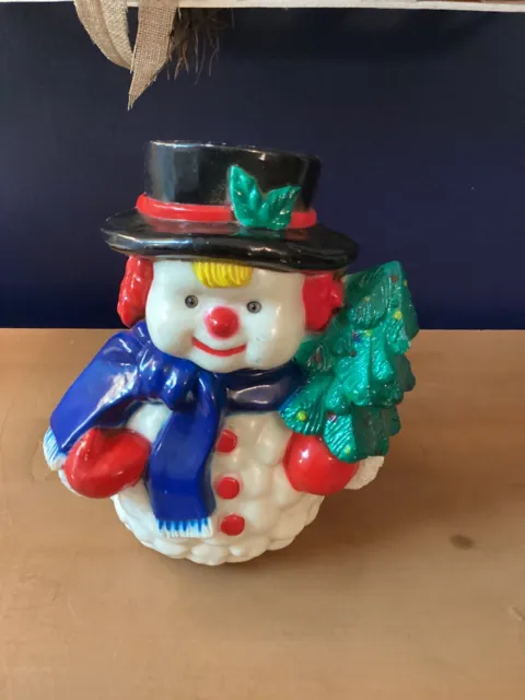 Vintage Plastic Snowman Blow Mold Top Hat Christmas Tree Blue Scarf Lighted 7.5"