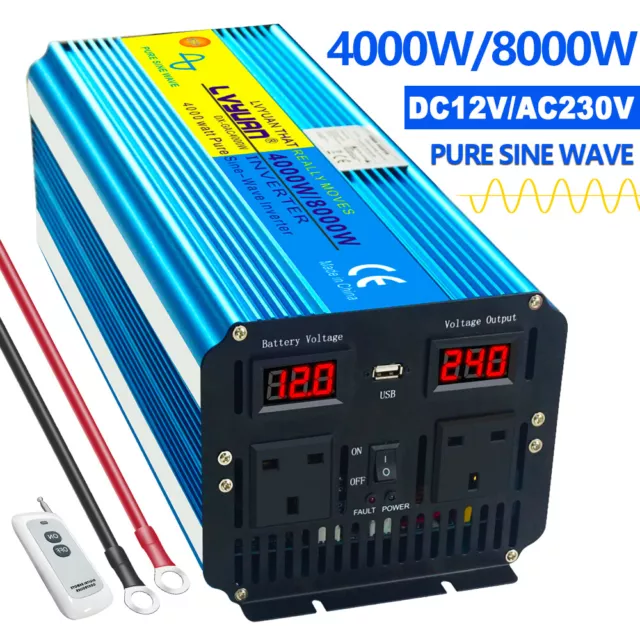 4000w 8000w Pure Sine Wave Power Inverter 12v To 230v Car Converter Trip LED