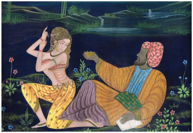 Couple In Moonlight Love Scene Painting Indian Art On Silk Cloth 22x17 Inches
