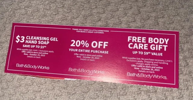 (3) Bath And Body Works Coupons 20% Off/ Body Care Gift & Hand Soap