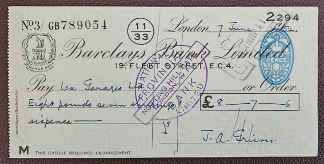 1952 Barclays Bank Ltd., 19 Fleet Street Branch Cheque