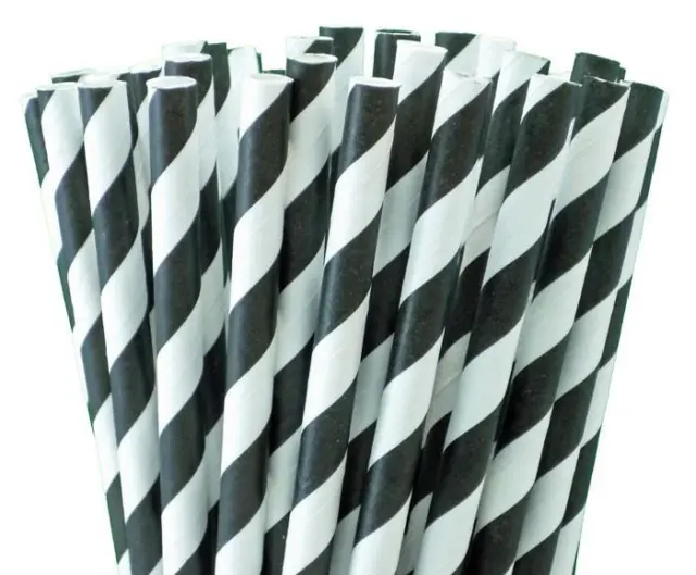 Black And White Striped Paper Straws 8" (20cm) Biodegradable Compostable 6mm Dia