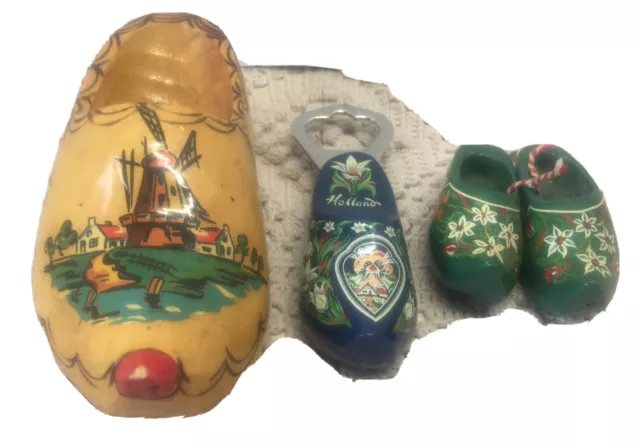 Lot Wooden Dutch Clogs:Holland Bottle Opener5”Blue/Mini Pair3”Green/Wall Decor7”