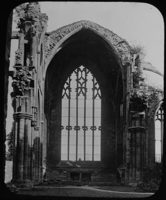 OSTFENSTER MELROSE ABBEY C1890 ALTES FOTO Magic Latern Dia SCHOTTLAND