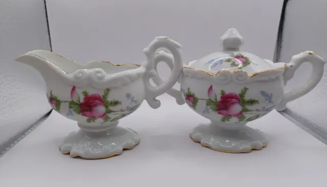 Antique Porcelain Creamer and Sugar Bowl Set Floral NW-L-151 Pink Rose