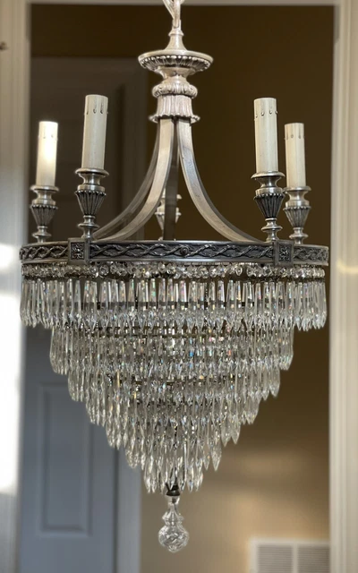 Antique Crystal Wedding Cake Chandelier French Victorian Silver Plate Bronze 21” Antique Crystal Wedding Cake Chandelier French Victorian Silver Plate Bronze 21”