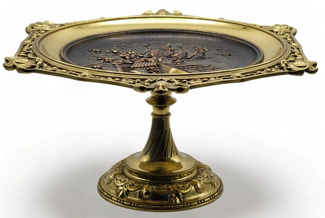 ANTIQUE 19th Cent. Bronze Large Tazza Tray MUSIC / SONG BIRDS ~ 5 lbs.