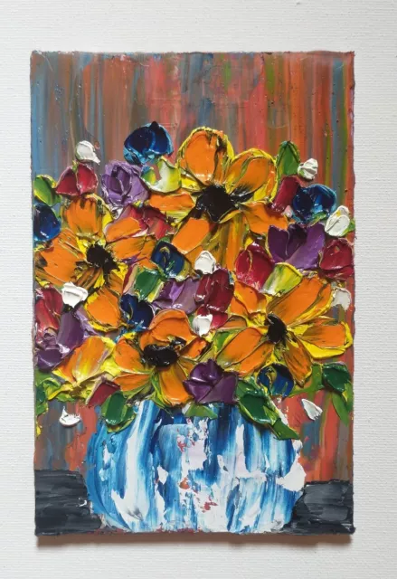 Original 4x6" Oil Painting WILDFLOWER BOUQUET textured impasto chic art flowers