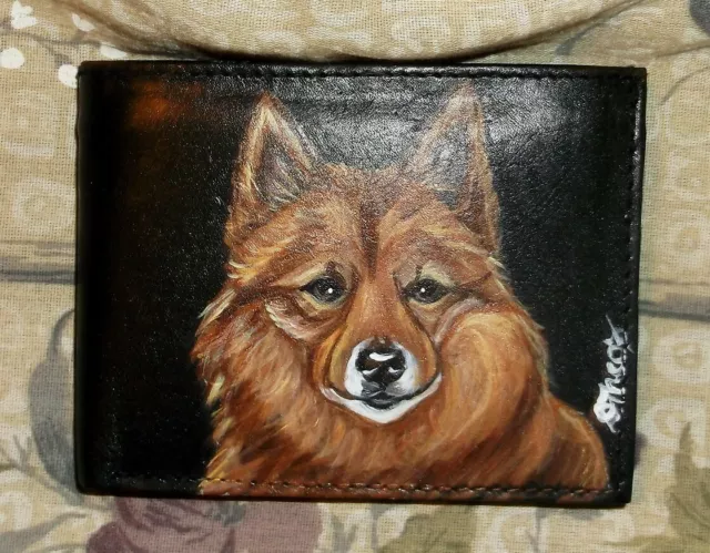 Finnish Spitz Dog Wallet for Men Hand Painted Black Leather Bifold