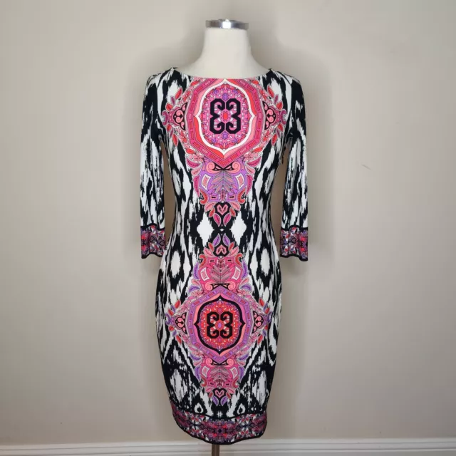 Boston Proper Stretch Jersey Sheath Dress Size 2 Floral Stripe Midi 3/4 Sleeve