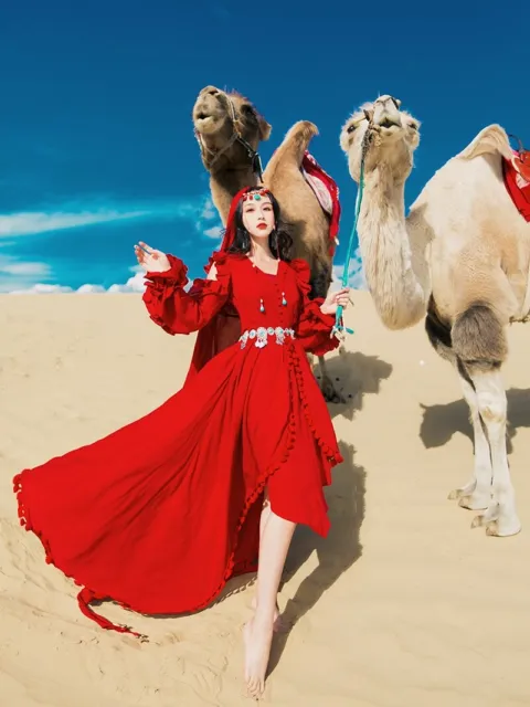 Red Gypsy Dance Costume Dress Cosplay Fantasy RP Desert Princess Long Sleeves