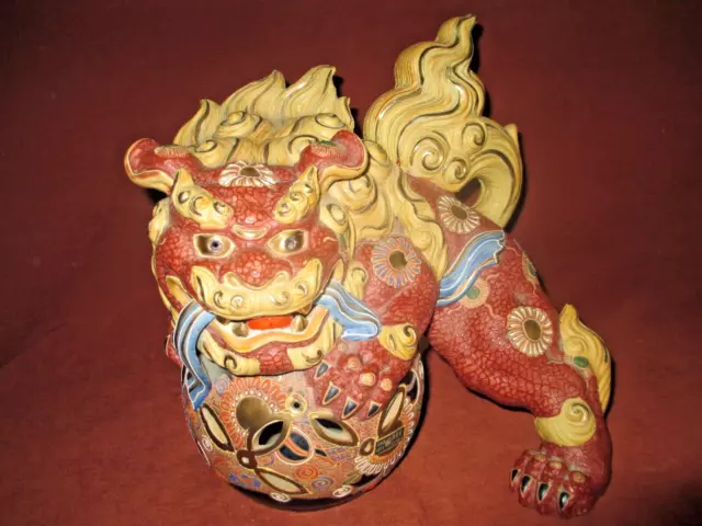 Vintage Japanese Kutani Ware Pottery Red Shishi Lion Statue 12 inch