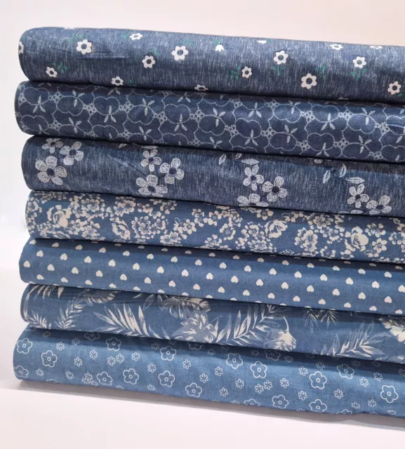 Printed Cotton Chambray Fabric Blue Light Denim-Look Summer Dressmaking Material