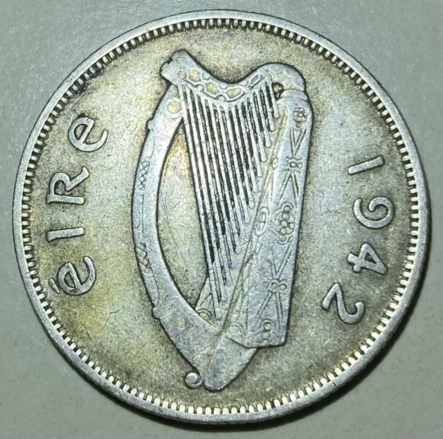 1942 Ireland Florin Rare Date Last Year Of Silver Mintage Irish Silver Coin