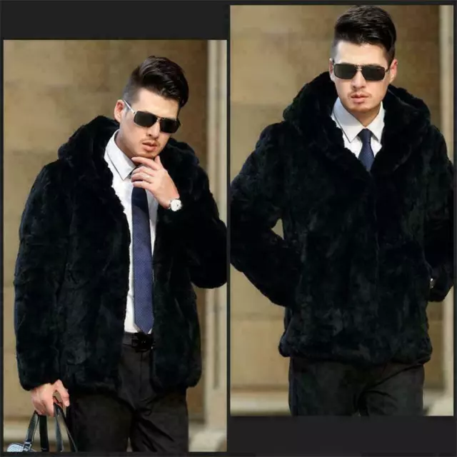 Fashion Mens Winter warm Real Rabbit Fur Black Coat Jacket Hoodie Outwear D808