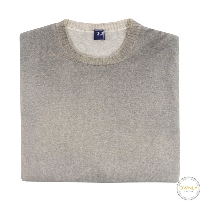 Fedeli Grey Taupe 100% Cashmere Ombre Italy Rib Knit Piped Crew Sweater 58EU/XL Fedeli Grey Taupe 100% Cashmere Ombre Italy Rib Knit Piped Crew Sweater 58EU/XL