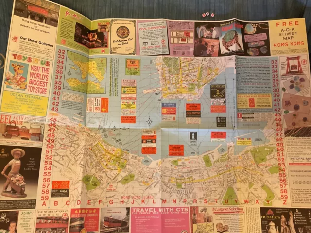 Vintage Large Retro Map ,  Hong Kong China Asia