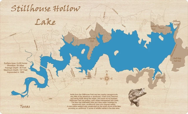 Stillhouse Hollow Lake, Texas - laser cut wood map | Wall Art | Made to Order