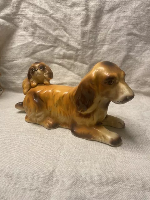 VINTAGE Inarco Ceramic JAPAN COCKER SPANIEL MOM & PUPPY FIGURINE 1950's Cute!