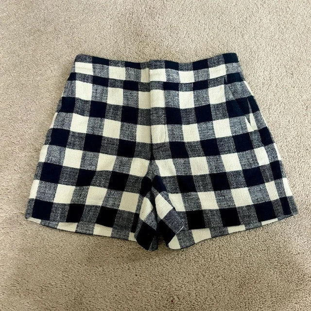 ZARA PLAID SHORTS S High Rise Navy Blue Beige Tweed Cotton Pockets