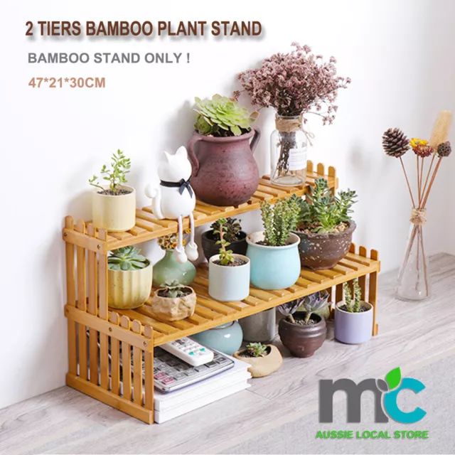 2 Tier Bamboo Plant Stand Shelves Flower Pot Rack Garden Indoor Outdoor Patio