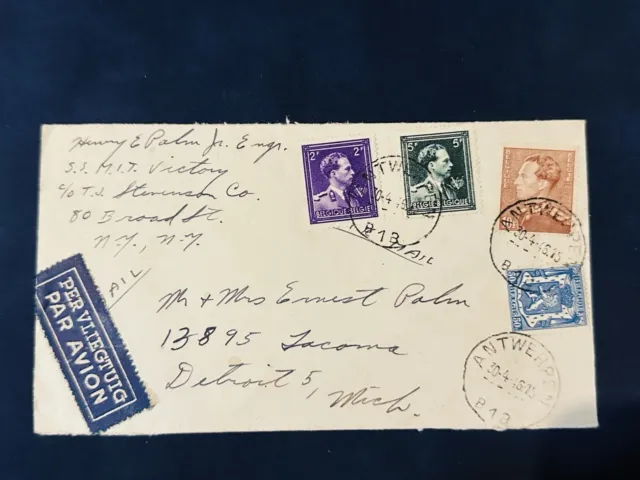 1946 Belgium Air Mail Cover To Detroit Usa Antwerp Posmark