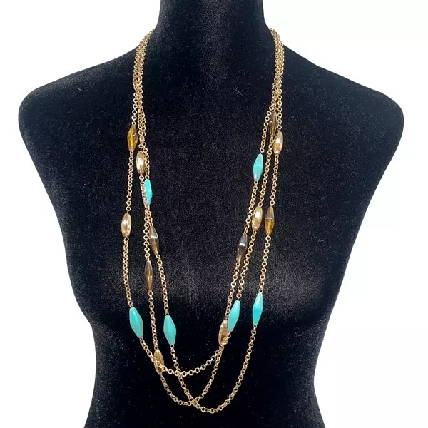 Womens Gold-Tone Multi-Strand Chain W/ Multicolor Beads Statement Long Necklace