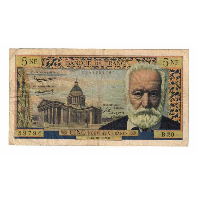 [#332326] France, 5 Nouveaux Francs, Victor Hugo, 1959, O.17, VF, Fayette:56.03