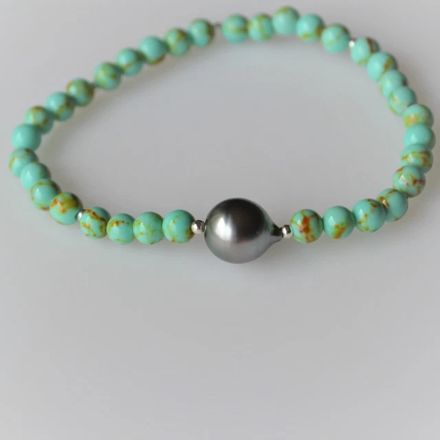 Perle de Tahiti Peacock de 10,55 x 8,90 mm + Perles de Turquoise - Bracelet