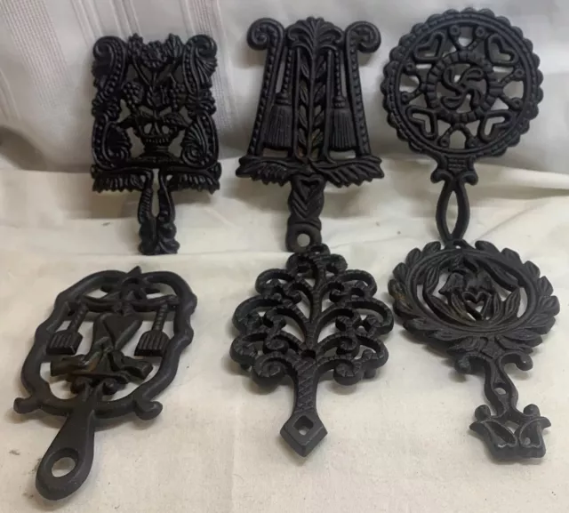 Set of 6 Vintage Mini Cast Iron Trivets Footed 5" Black Grape Eagle Tulip Tree