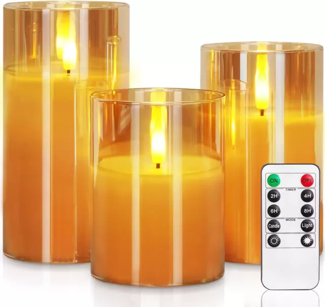 Clear Glass Flameless Candles Battery Operated with Timer, Remote Control, LED P
