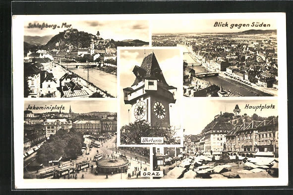 AK Graz, Schlossberg und Mur, Jakominiplatz, Stadtansicht gegen Süden, Hauptpla