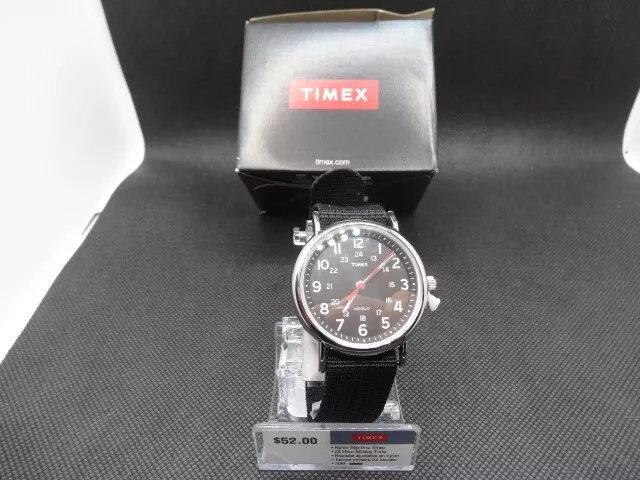 New Men's Timex Weekender T2N647 Black Silver Nylon Slip Thru Strap Watch 2023