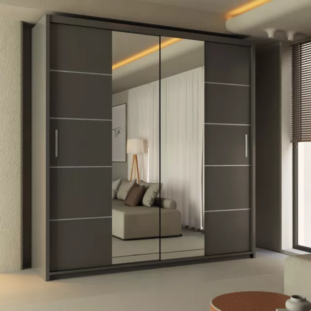 Modern Bedroom Mirror Sliding Door Wardrobe LISBON GREY Available in Two Size