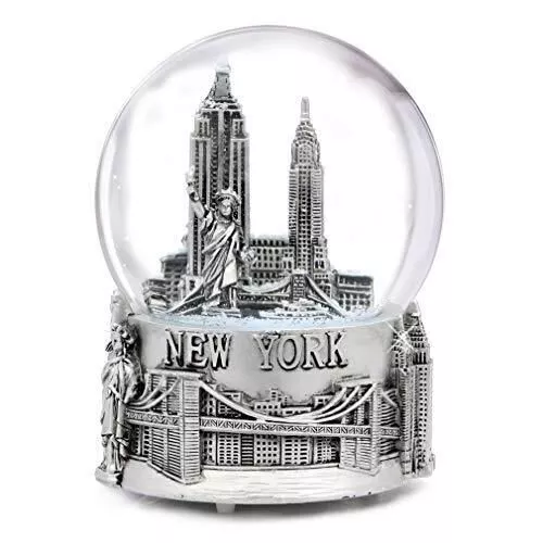 Musical Silver New York City Snow Globe with Sculpture Base [6 Inch]