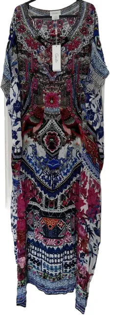 Bnwt Camilla Multicoloured Purple/Red/Blue Round Neck Silk Maxi Kaftan Size O/S