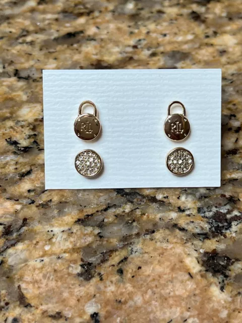 Lauren Ralph Lauren Earrings Gold Tone Signature Pair & Round Crystal Pair New