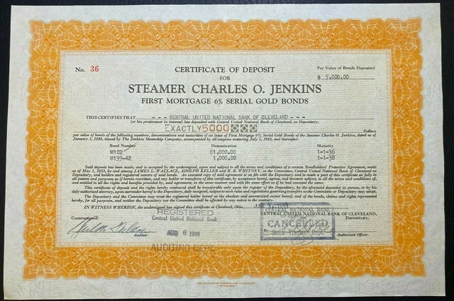 1933 STEAMER CHARLES O. JENKINS $5000 Gold Bond Certificate JENKINS STEAMSHIP CO