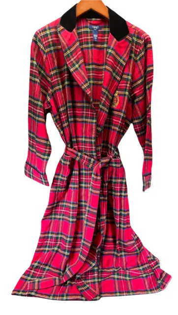 CHAPS 100% Cotton Flannel Tartan Logo Tie Robe Volour Collar Women Size L