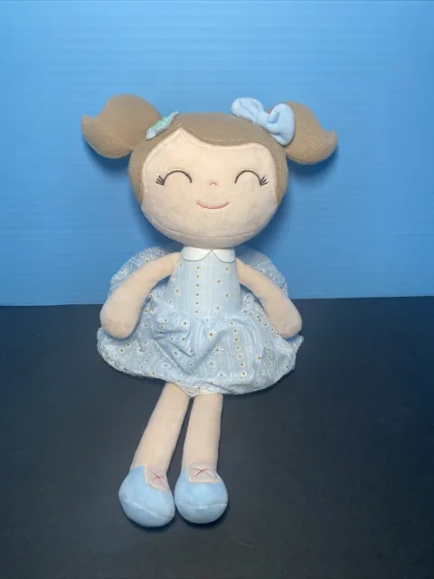 GLOVELEYA Doll Girl Blue Floral Dress 17” Soft Plush Lovey Sewn Closed Eyes
